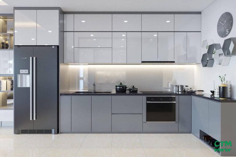 Tủ bếp chữ L xám xanh cánh Acrylic