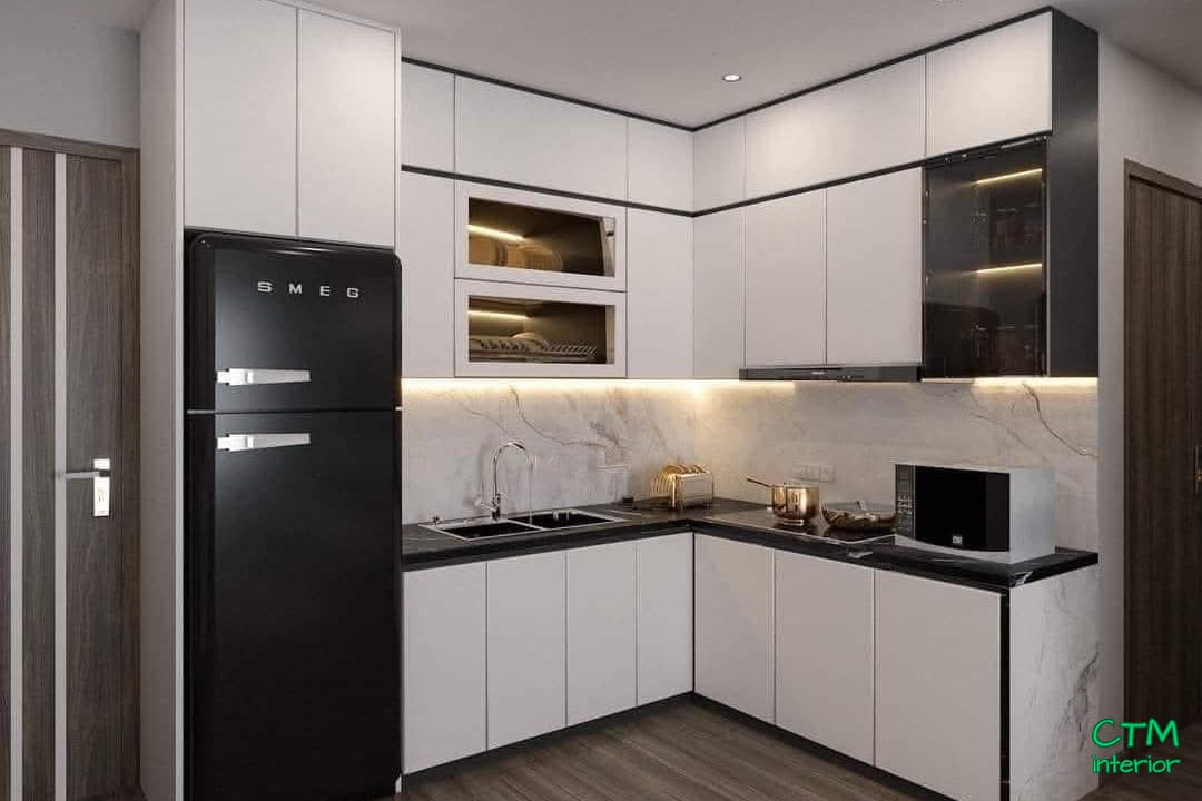 Tủ bếp chữ L đen cánh trắng
