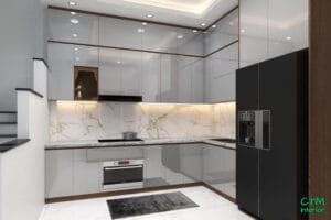 Tủ bếp chữ L vân gỗ cánh Acrylic