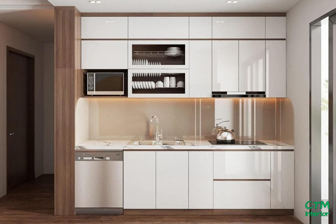 Tủ bếp thẳng vân gỗ cánh Acrylic