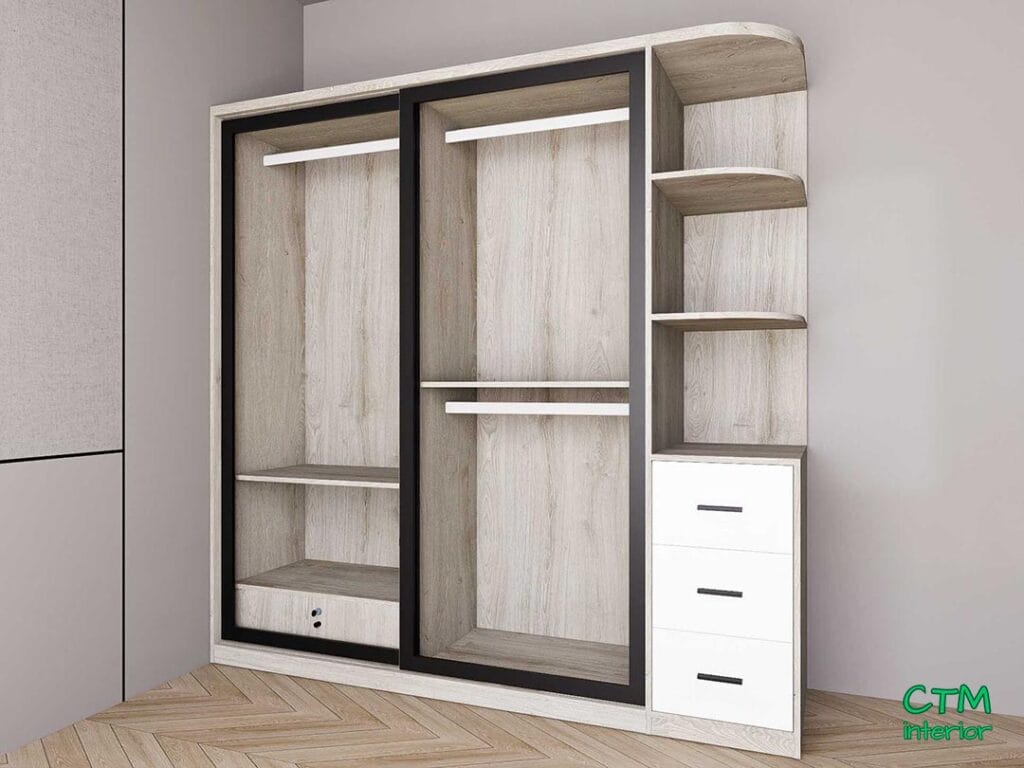 Tủ áo lớn 2 cánh lùa nhôm kính kệ góc phải mẫu 2 BT-148