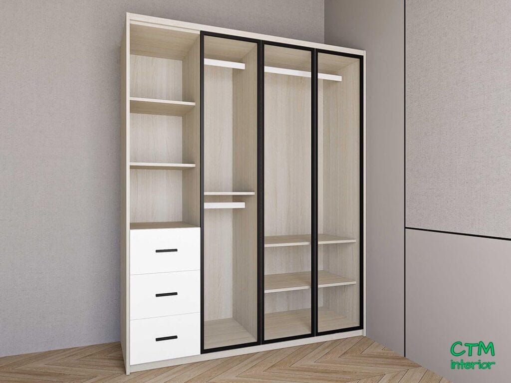 Tủ áo trung 3 cánh nhôm kính kệ đợt trái mẫu 1 BT-12