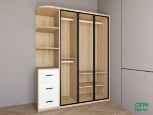 Tủ áo trung 3 cánh nhôm kính kệ góc trái mẫu 1 BT-48