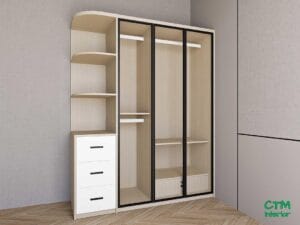 Tủ áo trung 3 cánh nhôm kính kệ góc trái mẫu 2 BT-06